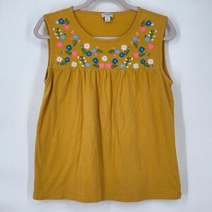 J.Crew Women's Medium Sleeveless Embroidered Yoke Cotton Tank Top Mustard Yellow